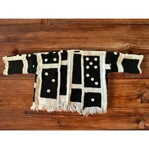 Handmade Crochet Domino Fringe Cardigan Festival Boho Vintage Wearable Art Black